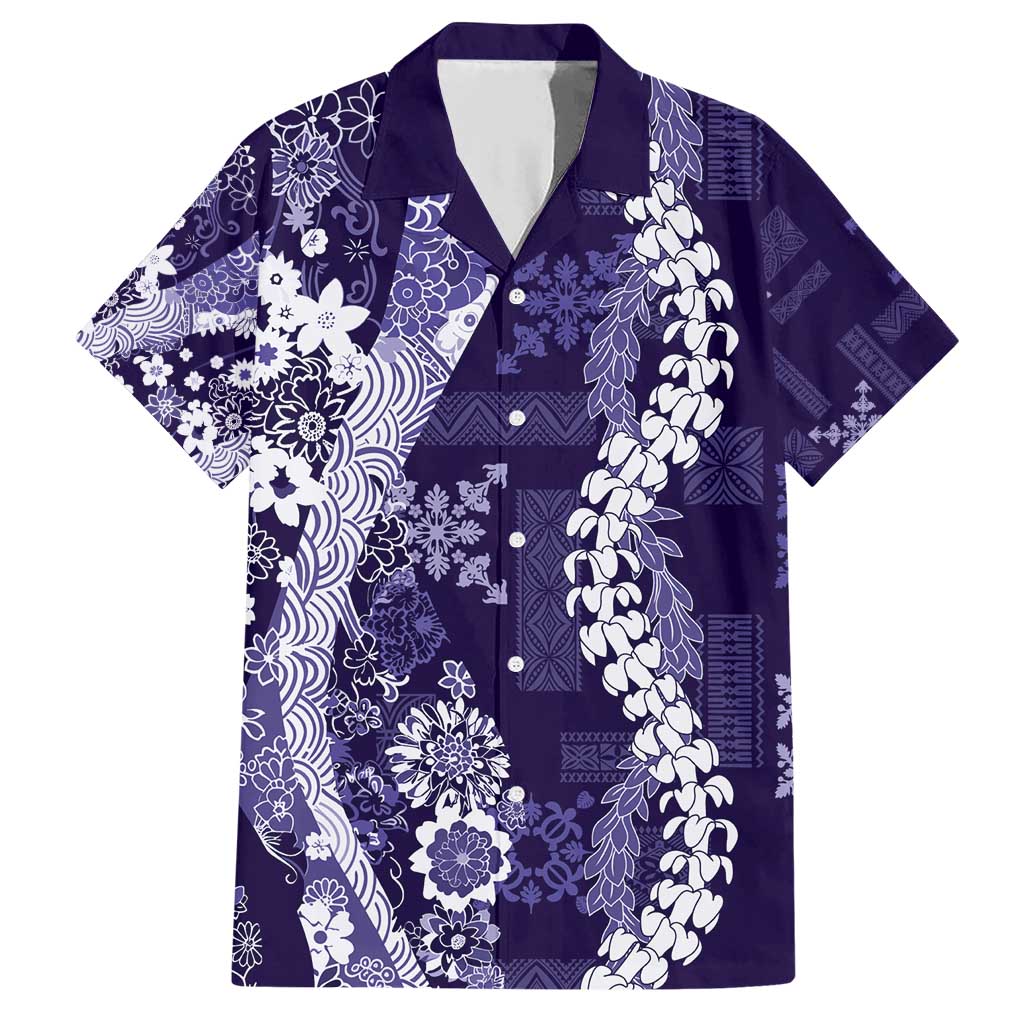 Hawaii Puakenikeni and Maile Lei Family Matching Short Sleeve Bodycon Dress and Hawaiian Shirt Purple Japanese Wave Style - Polynesian Pride
