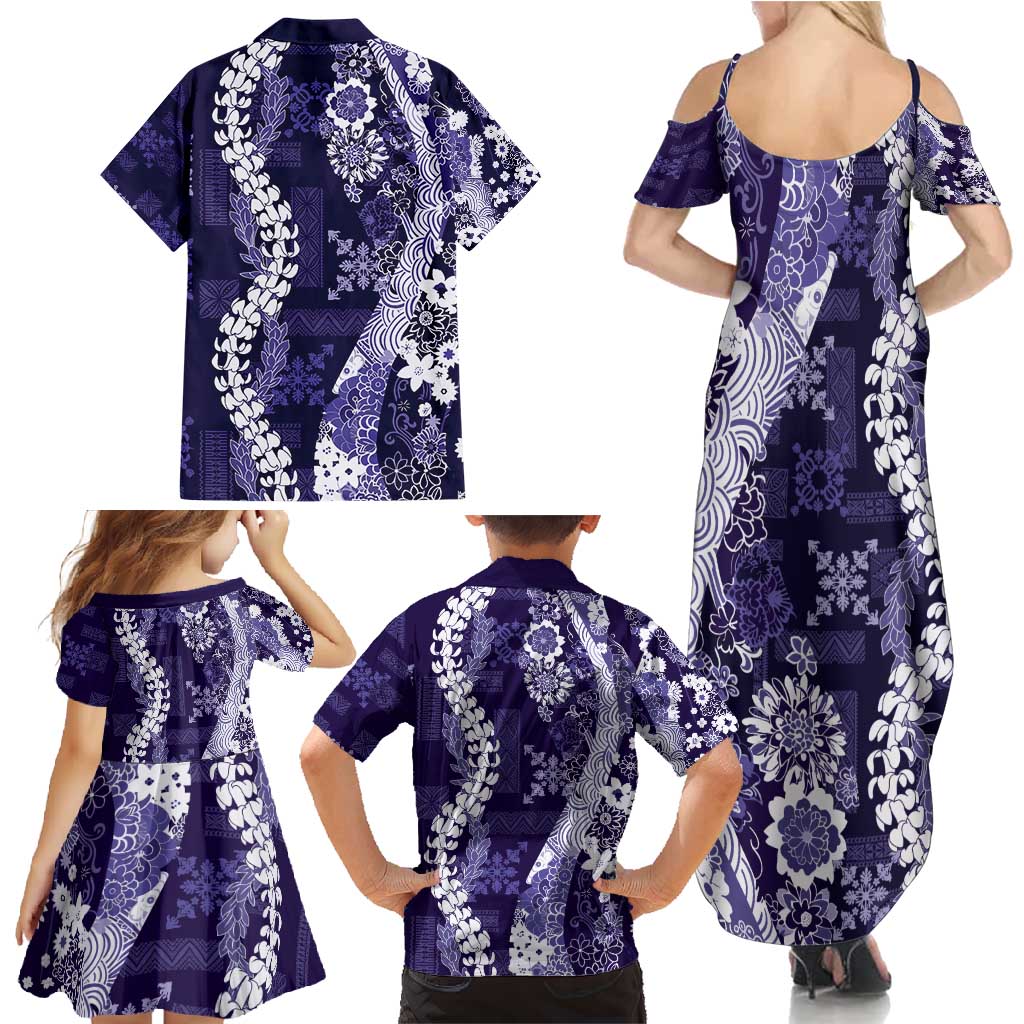 Hawaii Puakenikeni and Maile Lei Family Matching Summer Maxi Dress and Hawaiian Shirt Purple Japanese Wave Style - Polynesian Pride