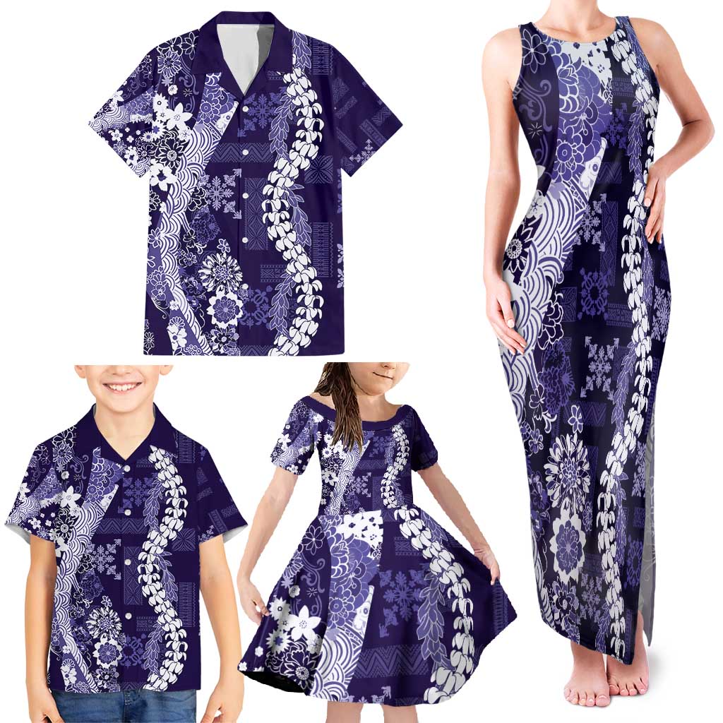 Hawaii Puakenikeni and Maile Lei Family Matching Tank Maxi Dress and Hawaiian Shirt Purple Japanese Wave Style - Polynesian Pride
