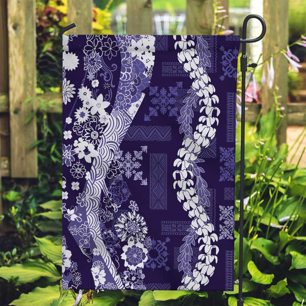Hawaii Puakenikeni and Maile Lei Garden Flag Purple Japanese Wave Style - Polynesian Pride