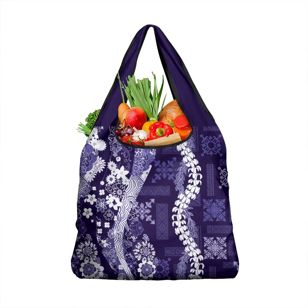 Hawaii Puakenikeni and Maile Lei Grocery Bag Purple Japanese Wave Style - Polynesian Pride