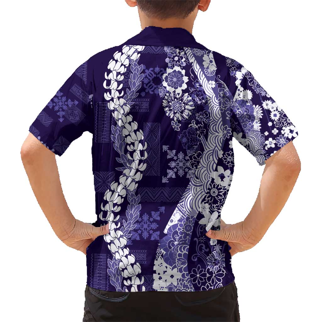 Hawaii Puakenikeni and Maile Lei Kid Hawaiian Shirt Purple Japanese Wave Style - Polynesian Pride