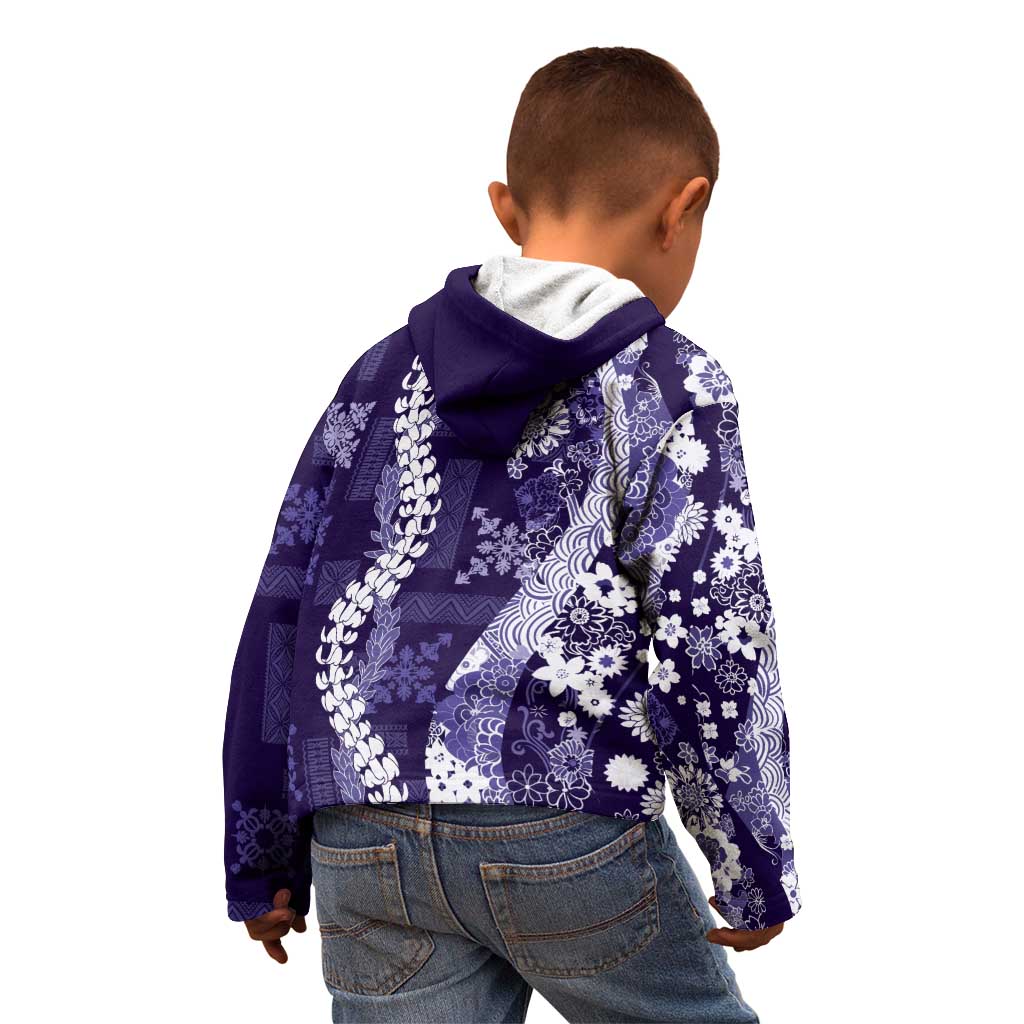 Hawaii Puakenikeni and Maile Lei Kid Hoodie Purple Japanese Wave Style - Polynesian Pride
