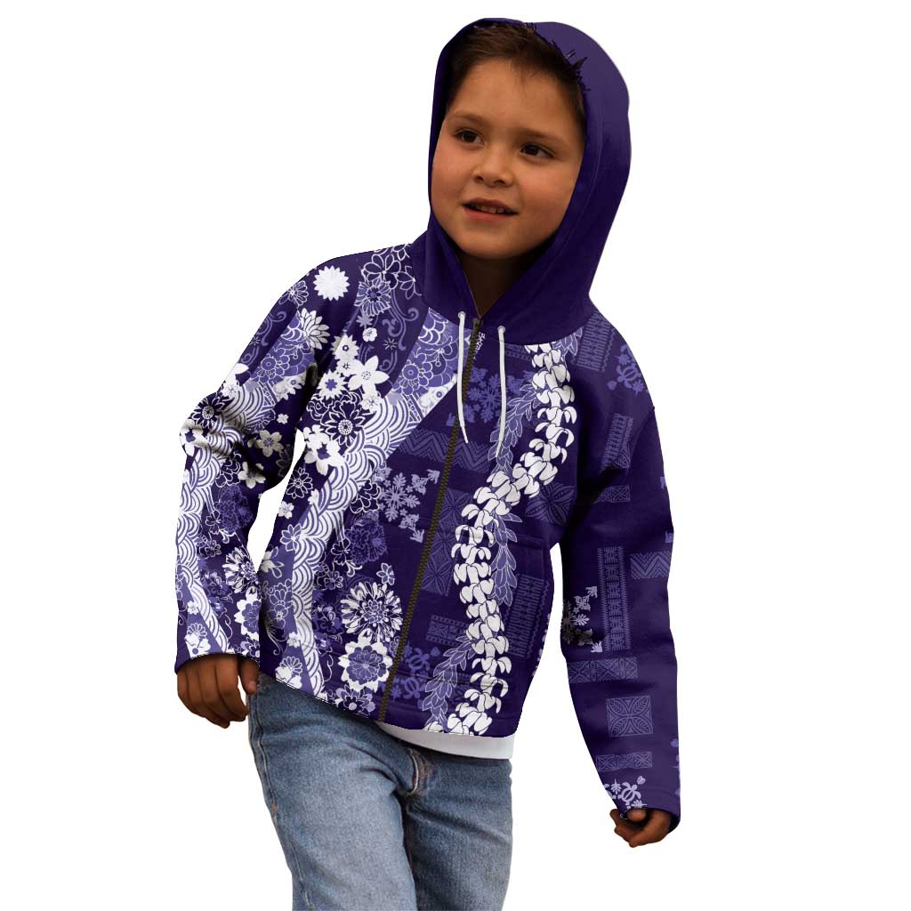 Hawaii Puakenikeni and Maile Lei Kid Hoodie Purple Japanese Wave Style - Polynesian Pride