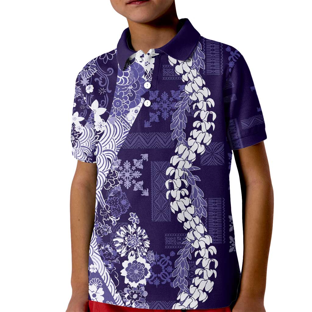 Hawaii Puakenikeni and Maile Lei Kid Polo Shirt Purple Japanese Wave Style - Polynesian Pride