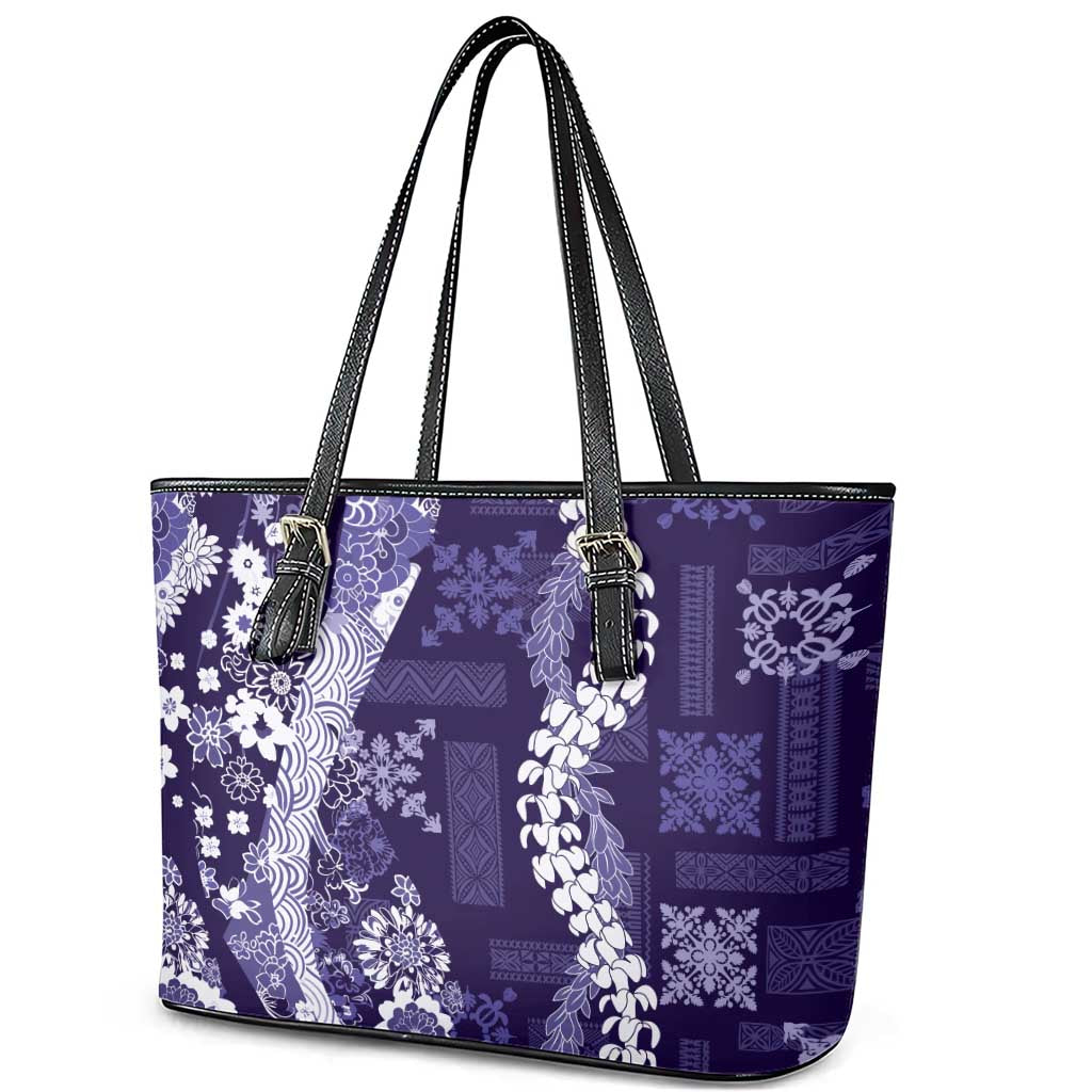 Hawaii Puakenikeni and Maile Lei Leather Tote Bag Purple Japanese Wave Style - Polynesian Pride