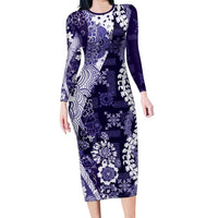 Hawaii Puakenikeni and Maile Lei Long Sleeve Bodycon Dress Purple Japanese Wave Style - Polynesian Pride