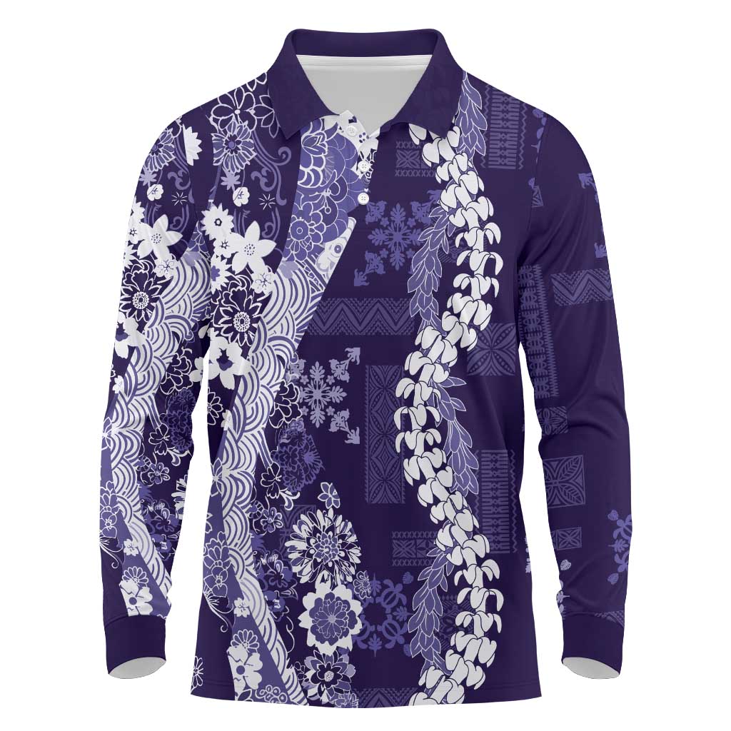 Hawaii Puakenikeni and Maile Lei Long Sleeve Polo Shirt Purple Japanese Wave Style - Polynesian Pride