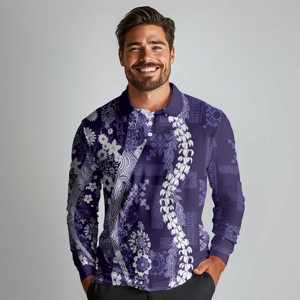 Hawaii Puakenikeni and Maile Lei Long Sleeve Polo Shirt Purple Japanese Wave Style - Polynesian Pride