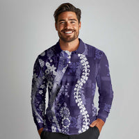 Hawaii Puakenikeni and Maile Lei Long Sleeve Polo Shirt Purple Japanese Wave Style - Polynesian Pride