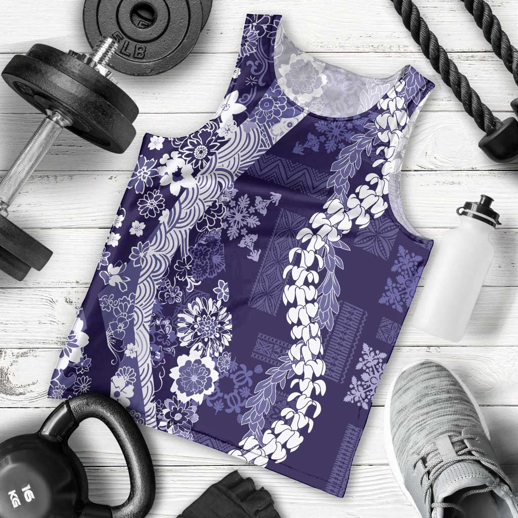 Hawaii Puakenikeni and Maile Lei Men Tank Top Purple Japanese Wave Style - Polynesian Pride