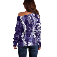 Hawaii Puakenikeni and Maile Lei Off Shoulder Sweater Purple Japanese Wave Style - Polynesian Pride