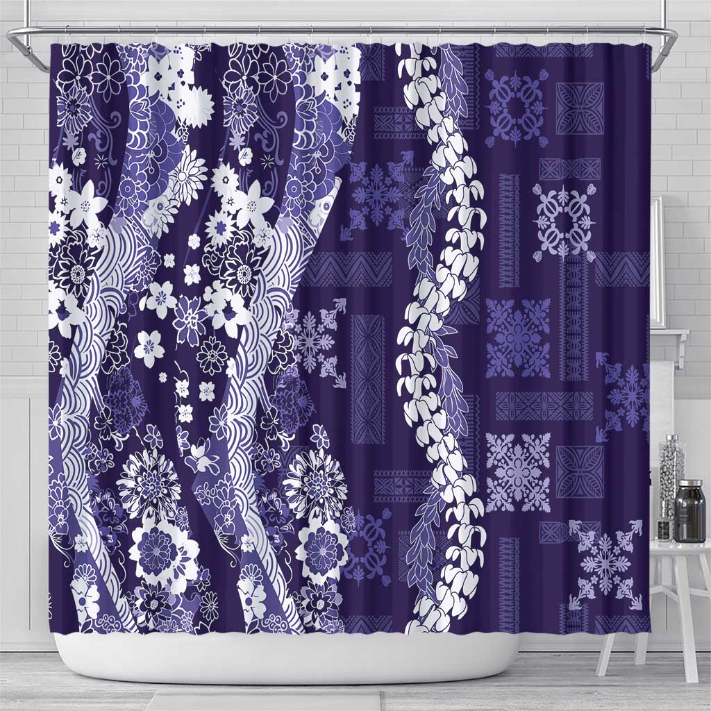Hawaii Puakenikeni and Maile Lei Shower Curtain Purple Japanese Wave Style - Polynesian Pride