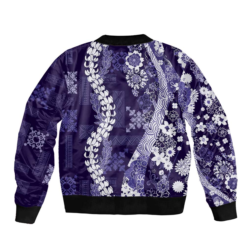 Hawaii Puakenikeni and Maile Lei Sleeve Zip Bomber Jacket Purple Japanese Wave Style - Polynesian Pride