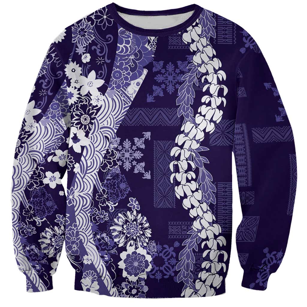 Hawaii Puakenikeni and Maile Lei Sweatshirt Purple Japanese Wave Style - Polynesian Pride