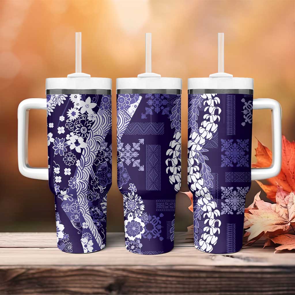 Hawaii Puakenikeni and Maile Lei Tumbler With Handle Purple Japanese Wave Style - Polynesian Pride