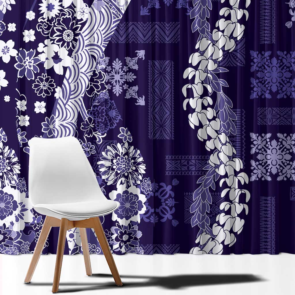 Hawaii Puakenikeni and Maile Lei Window Curtain Purple Japanese Wave Style - Polynesian Pride