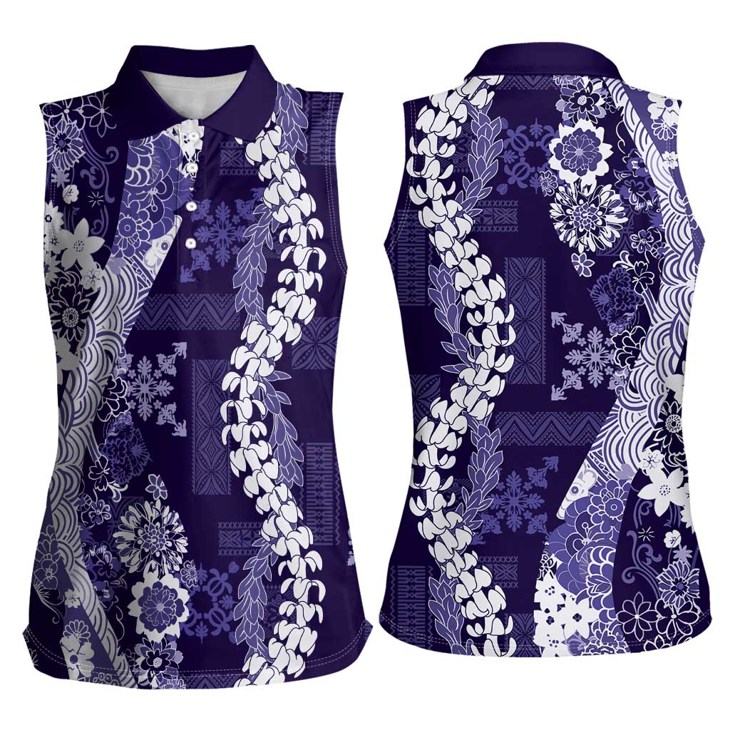 Hawaii Puakenikeni and Maile Lei Women Sleeveless Polo Shirt Purple Japanese Wave Style - Polynesian Pride