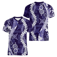 Hawaii Puakenikeni and Maile Lei Women V-Neck T-Shirt Purple Japanese Wave Style - Polynesian Pride