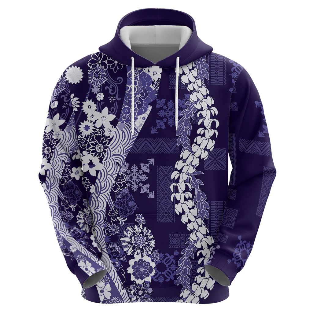 Hawaii Puakenikeni and Maile Lei Zip Hoodie Purple Japanese Wave Style - Polynesian Pride