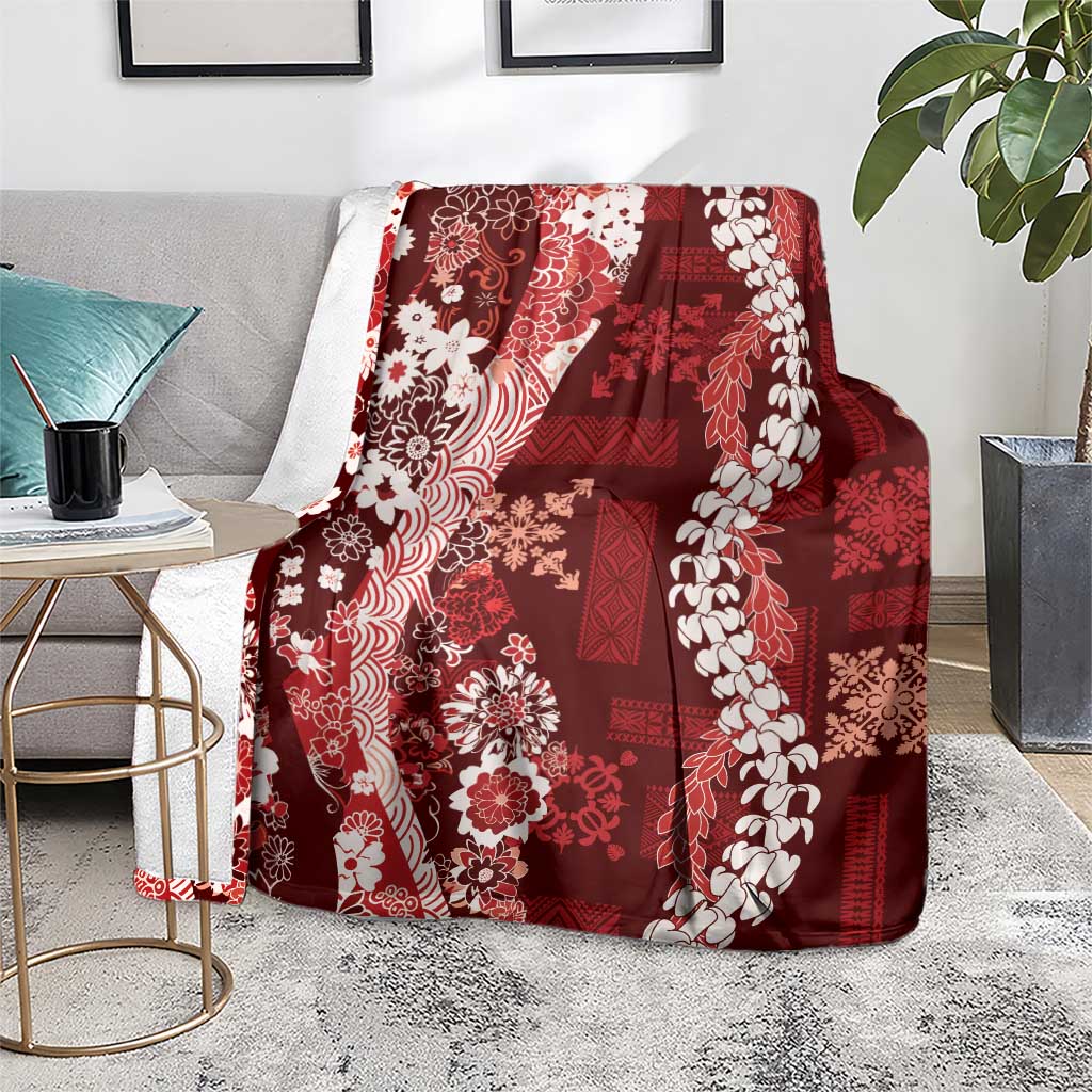 Hawaii Puakenikeni and Maile Lei Blanket Red Japanese Wave Style - Polynesian Pride