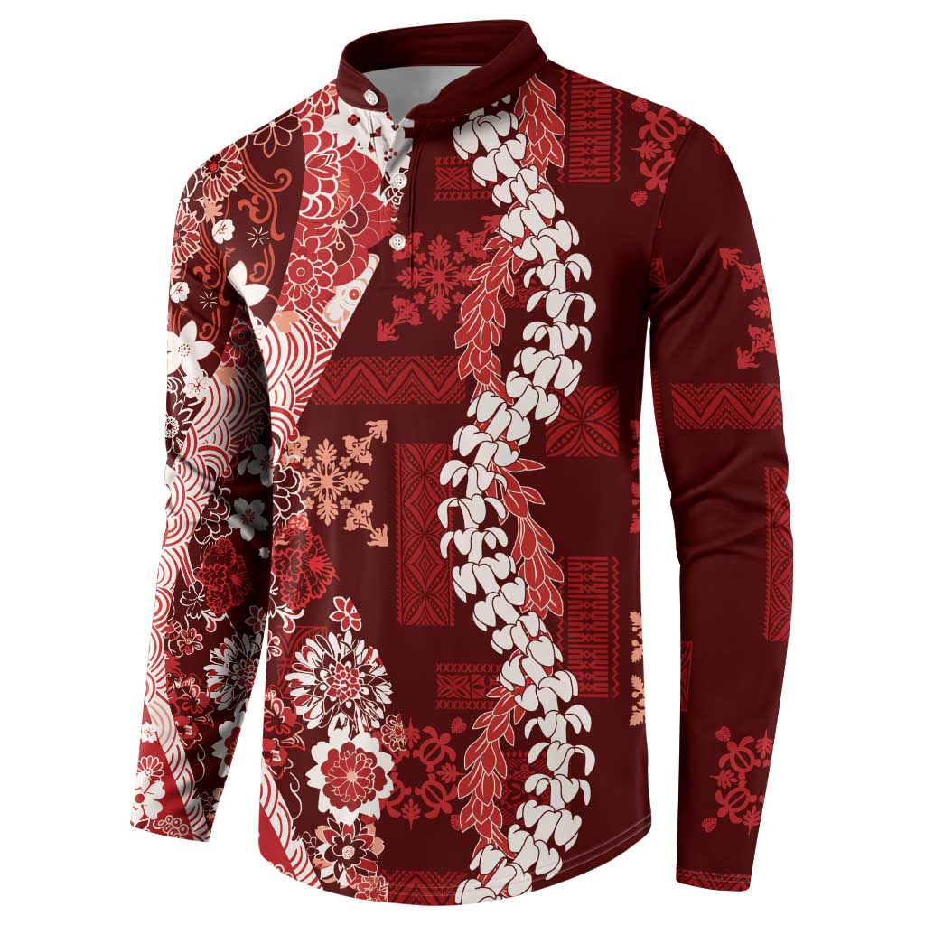 Hawaii Puakenikeni and Maile Lei Button Sweatshirt Red Japanese Wave Style - Polynesian Pride