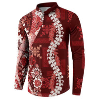 Hawaii Puakenikeni and Maile Lei Button Sweatshirt Red Japanese Wave Style - Polynesian Pride