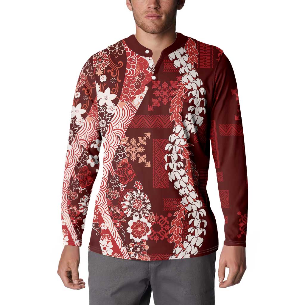 Hawaii Puakenikeni and Maile Lei Button Sweatshirt Red Japanese Wave Style - Polynesian Pride