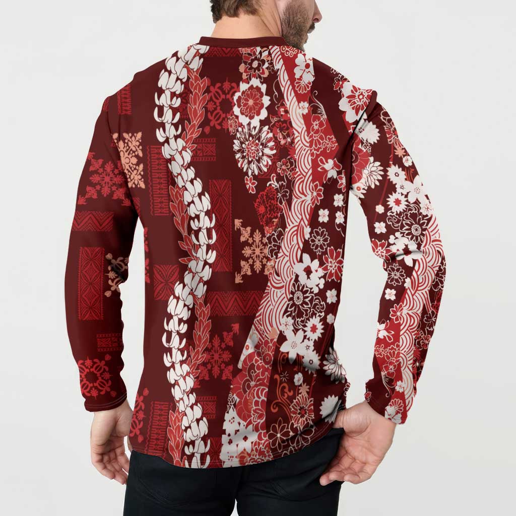 Hawaii Puakenikeni and Maile Lei Button Sweatshirt Red Japanese Wave Style - Polynesian Pride