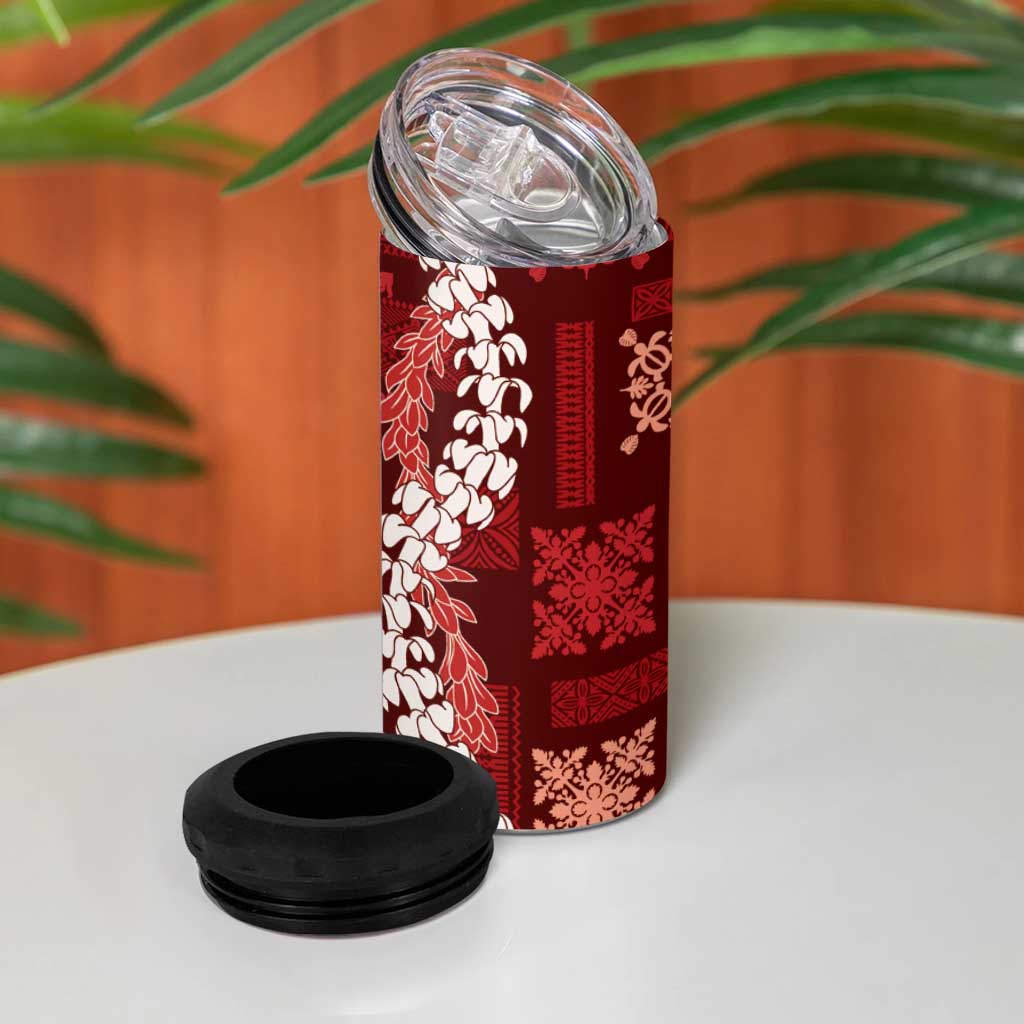 Hawaii Puakenikeni and Maile Lei 4 in 1 Can Cooler Tumbler Red Japanese Wave Style - Polynesian Pride