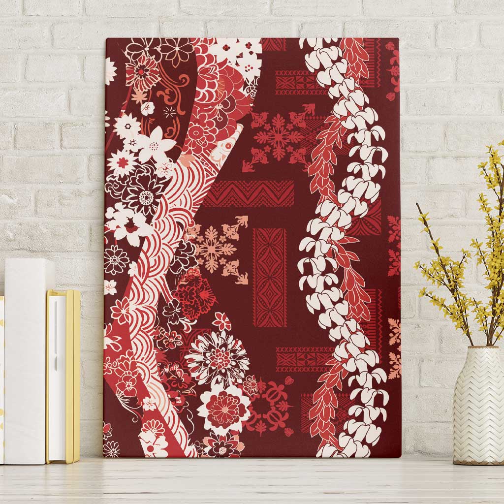 Hawaii Puakenikeni and Maile Lei Canvas Wall Art Red Japanese Wave Style - Polynesian Pride