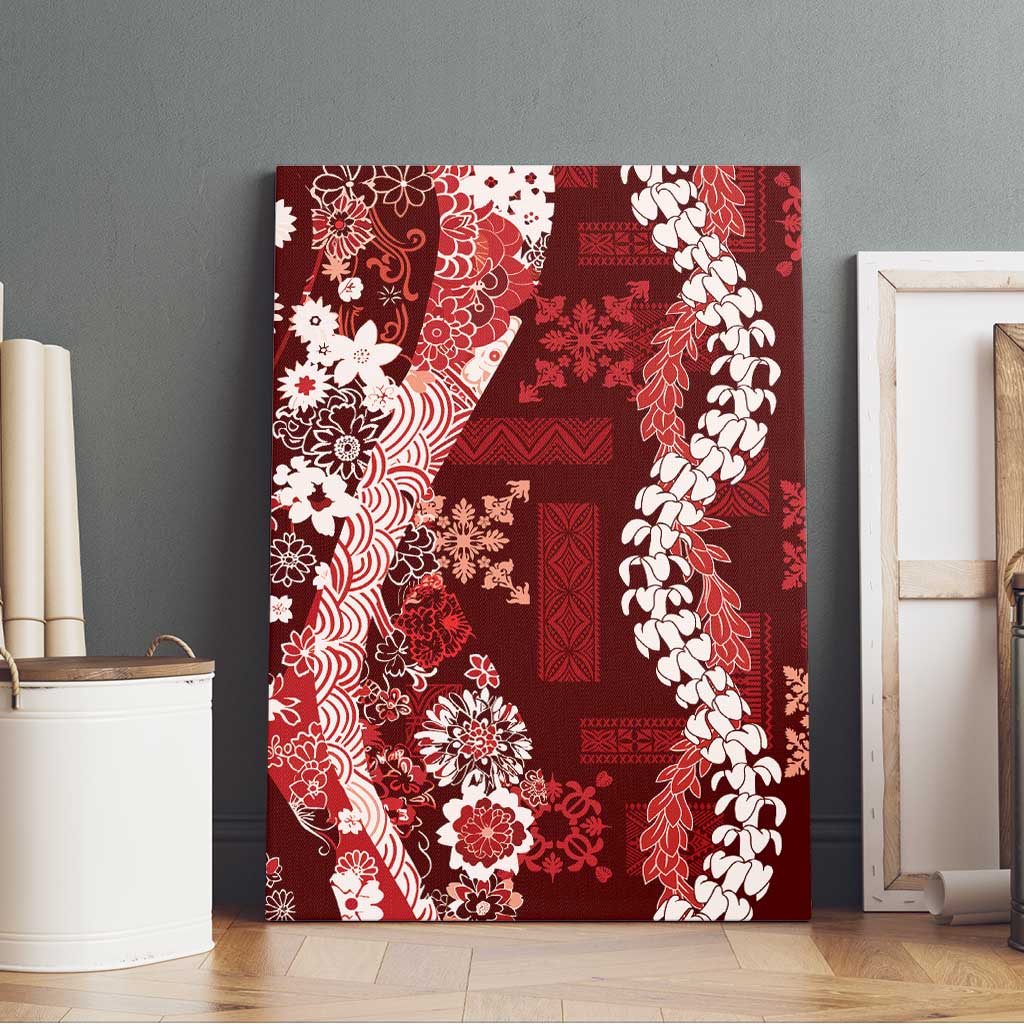 Hawaii Puakenikeni and Maile Lei Canvas Wall Art Red Japanese Wave Style - Polynesian Pride