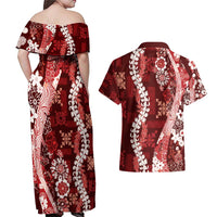 Hawaii Puakenikeni and Maile Lei Couples Matching Off Shoulder Maxi Dress and Hawaiian Shirt Red Japanese Wave Style - Polynesian Pride