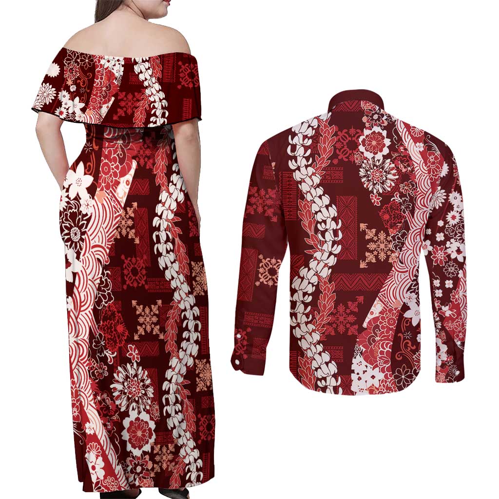 Hawaii Puakenikeni and Maile Lei Couples Matching Off Shoulder Maxi Dress and Long Sleeve Button Shirt Red Japanese Wave Style - Polynesian Pride