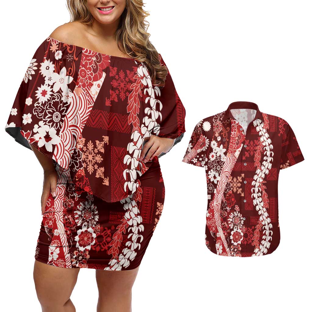 Hawaii Puakenikeni and Maile Lei Couples Matching Off Shoulder Short Dress and Hawaiian Shirt Red Japanese Wave Style - Polynesian Pride