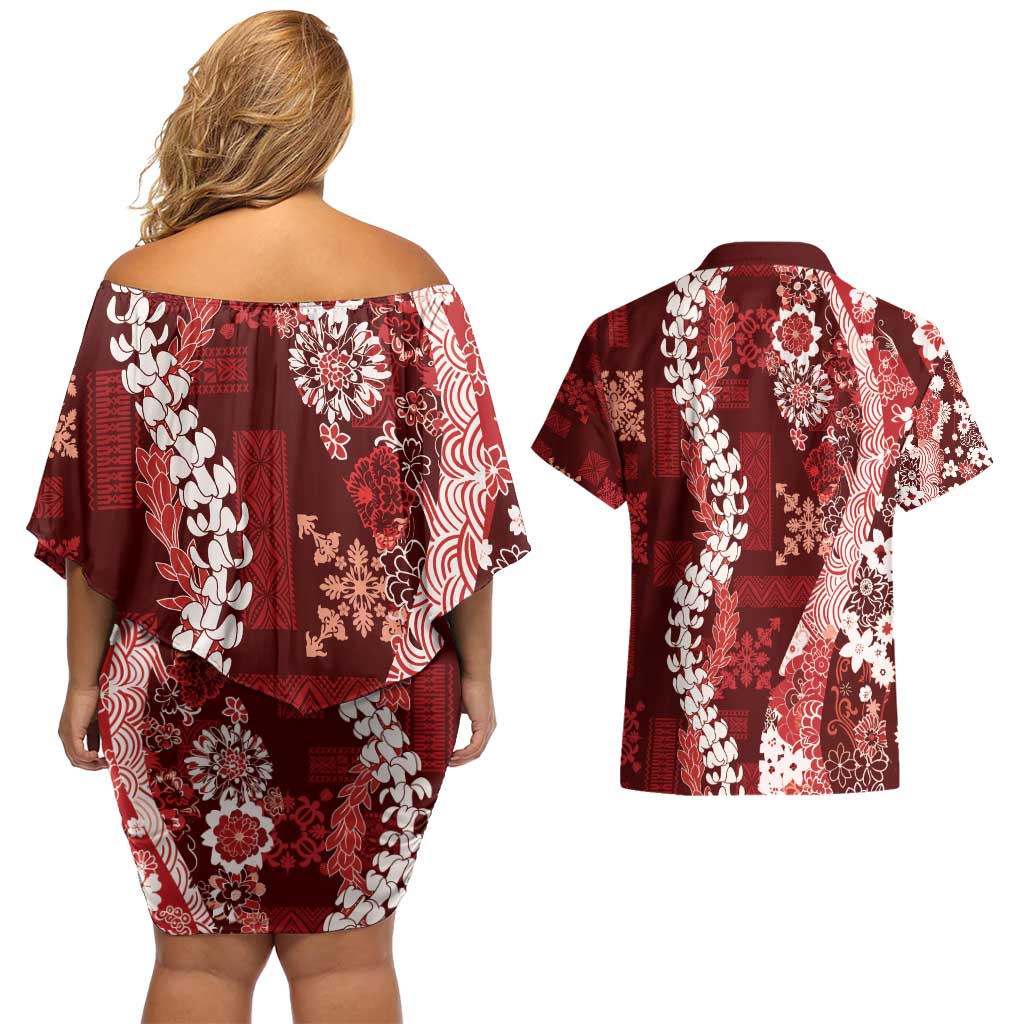 Hawaii Puakenikeni and Maile Lei Couples Matching Off Shoulder Short Dress and Hawaiian Shirt Red Japanese Wave Style - Polynesian Pride