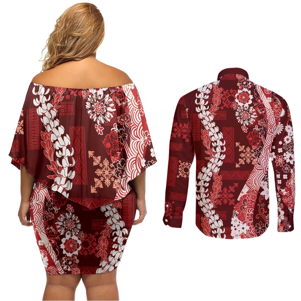 Hawaii Puakenikeni and Maile Lei Couples Matching Off Shoulder Short Dress and Long Sleeve Button Shirt Red Japanese Wave Style - Polynesian Pride