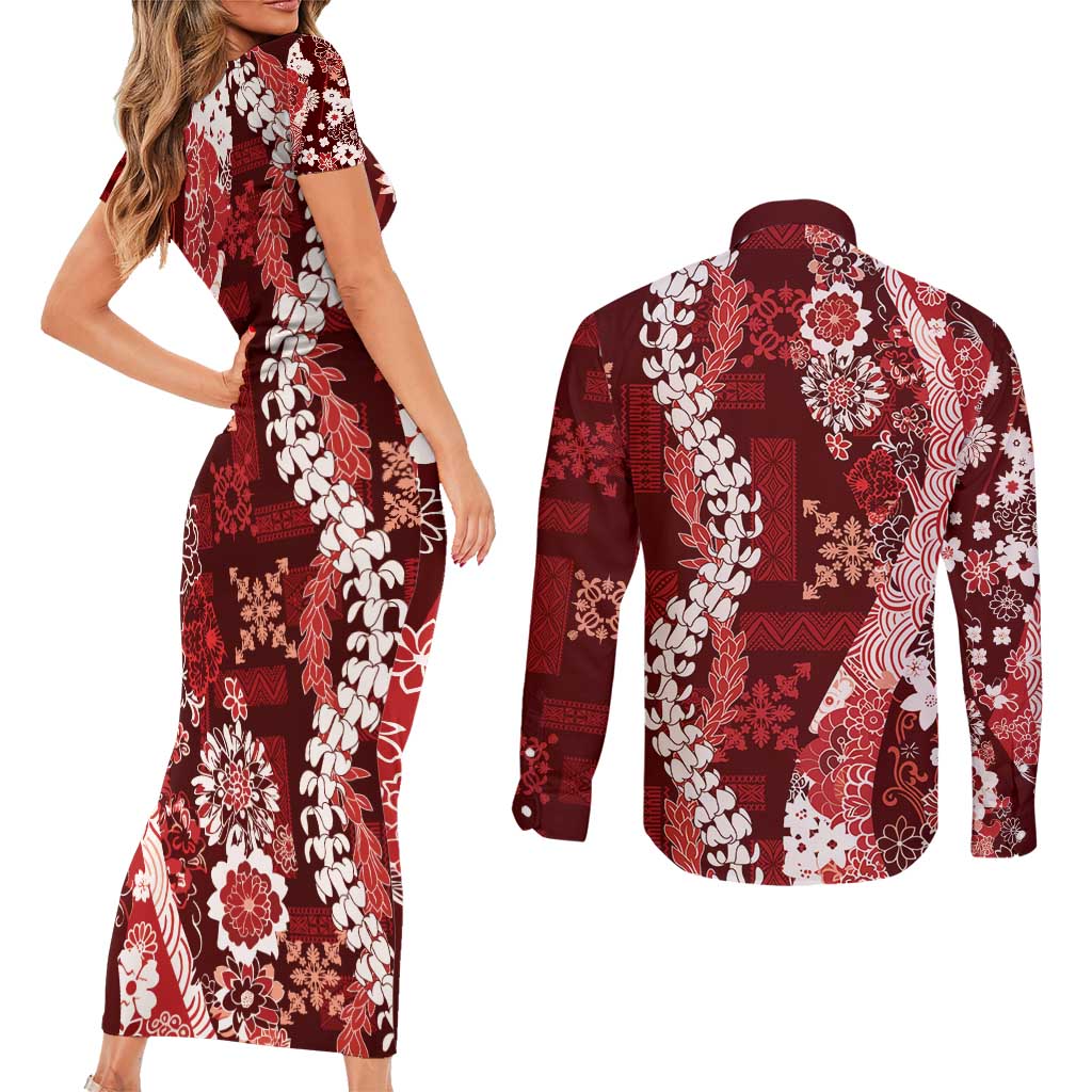 Hawaii Puakenikeni and Maile Lei Couples Matching Short Sleeve Bodycon Dress and Long Sleeve Button Shirt Red Japanese Wave Style - Polynesian Pride