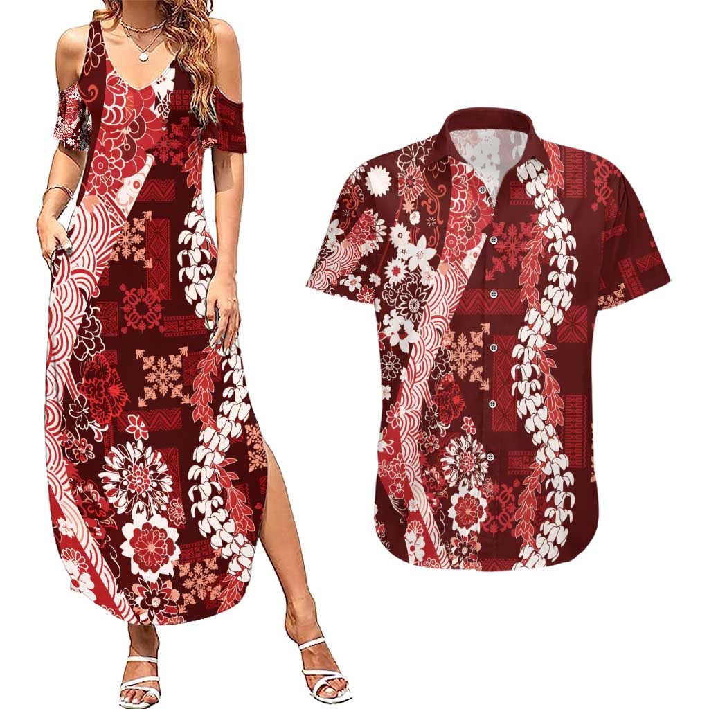 Hawaii Puakenikeni and Maile Lei Couples Matching Summer Maxi Dress and Hawaiian Shirt Red Japanese Wave Style - Polynesian Pride