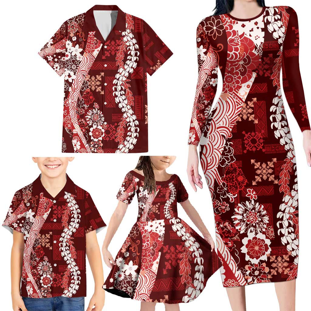 Hawaii Puakenikeni and Maile Lei Family Matching Long Sleeve Bodycon Dress and Hawaiian Shirt Red Japanese Wave Style - Polynesian Pride