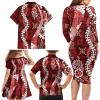 Hawaii Puakenikeni and Maile Lei Family Matching Long Sleeve Bodycon Dress and Hawaiian Shirt Red Japanese Wave Style - Polynesian Pride