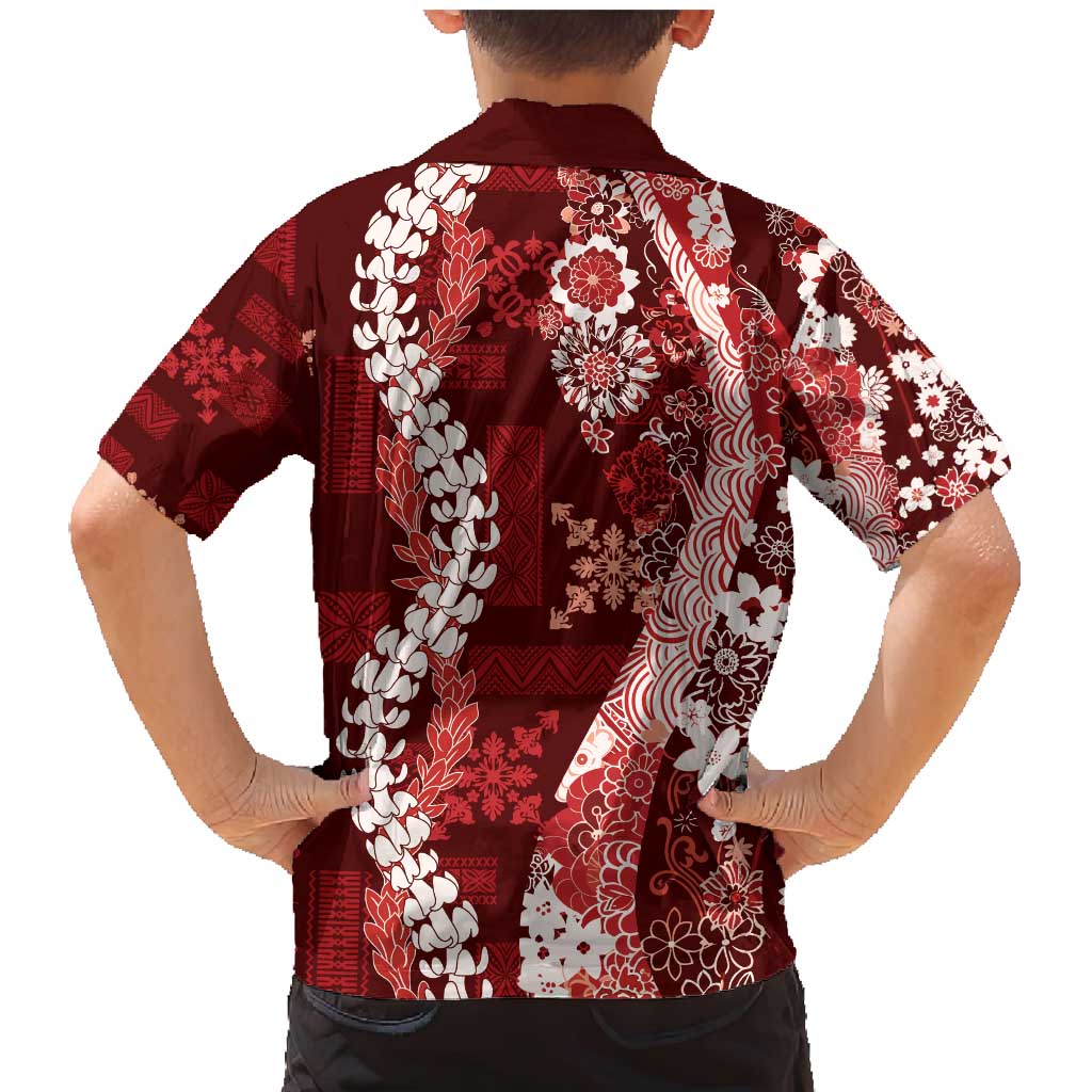 Hawaii Puakenikeni and Maile Lei Family Matching Mermaid Dress and Hawaiian Shirt Red Japanese Wave Style - Polynesian Pride