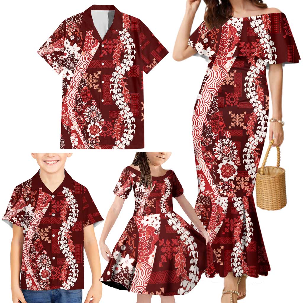 Hawaii Puakenikeni and Maile Lei Family Matching Mermaid Dress and Hawaiian Shirt Red Japanese Wave Style - Polynesian Pride