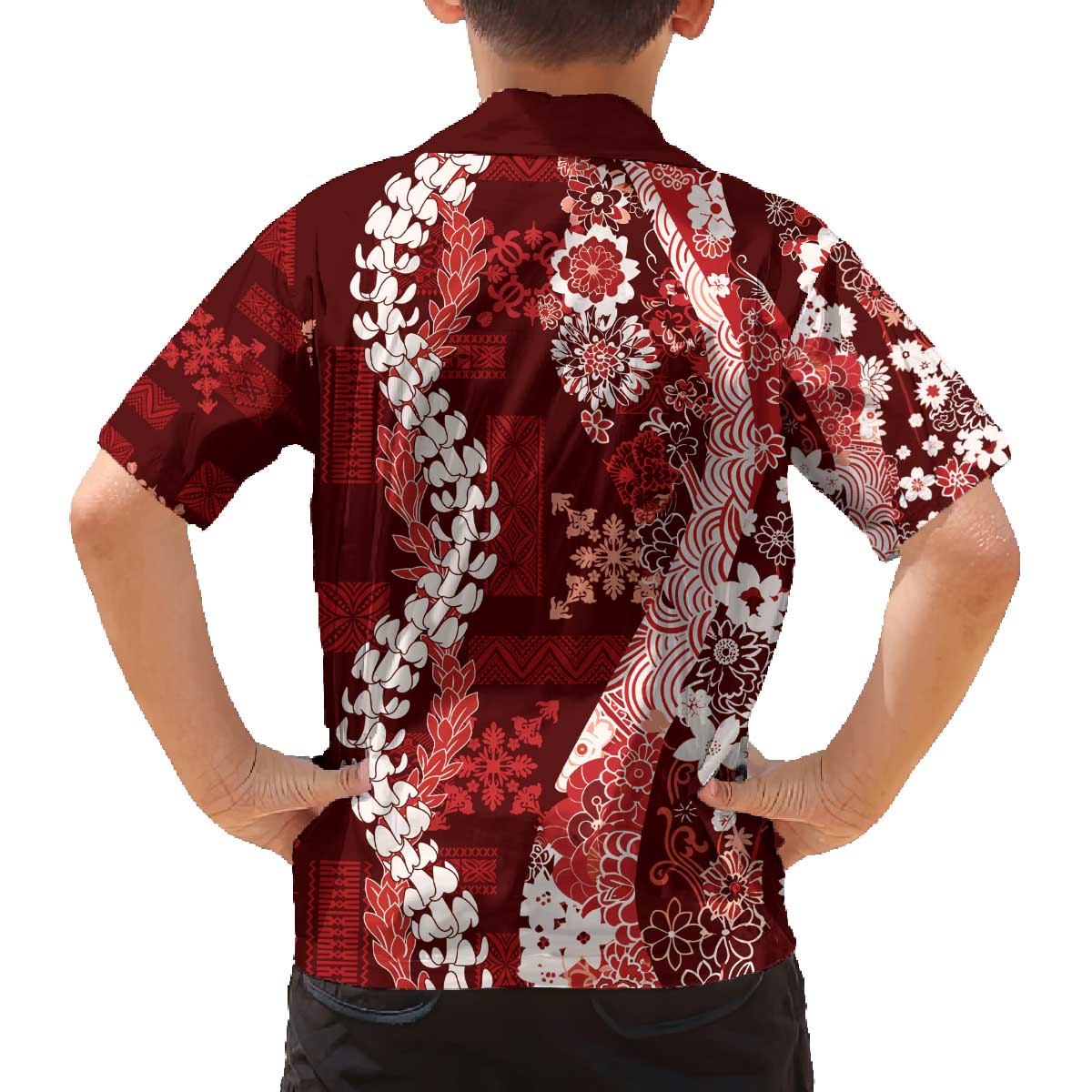 Hawaii Puakenikeni and Maile Lei Family Matching Off The Shoulder Long Sleeve Dress and Hawaiian Shirt Red Japanese Wave Style LT9 - Polynesian Pride