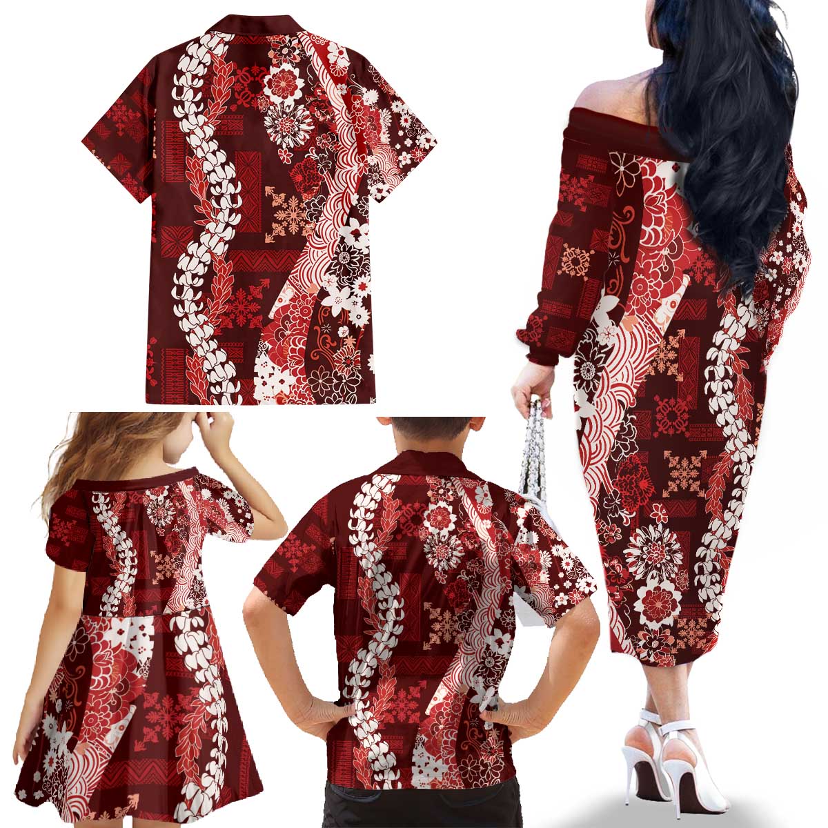 Hawaii Puakenikeni and Maile Lei Family Matching Off The Shoulder Long Sleeve Dress and Hawaiian Shirt Red Japanese Wave Style LT9 - Polynesian Pride