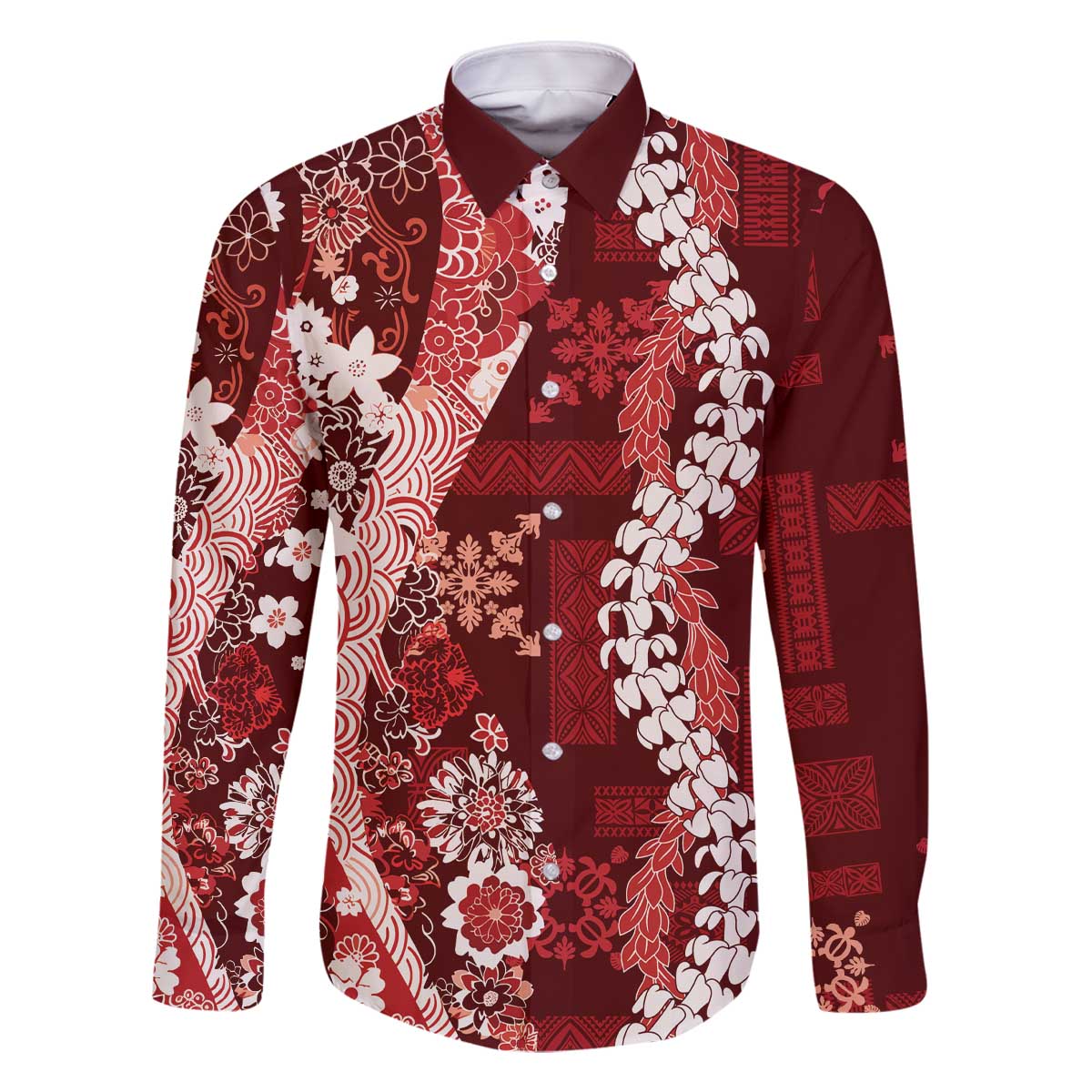 Hawaii Puakenikeni and Maile Lei Family Matching Off The Shoulder Long Sleeve Dress and Hawaiian Shirt Red Japanese Wave Style LT9 Dad's Shirt - Long Sleeve Red - Polynesian Pride