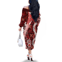 Hawaii Puakenikeni and Maile Lei Family Matching Off The Shoulder Long Sleeve Dress and Hawaiian Shirt Red Japanese Wave Style LT9 - Polynesian Pride
