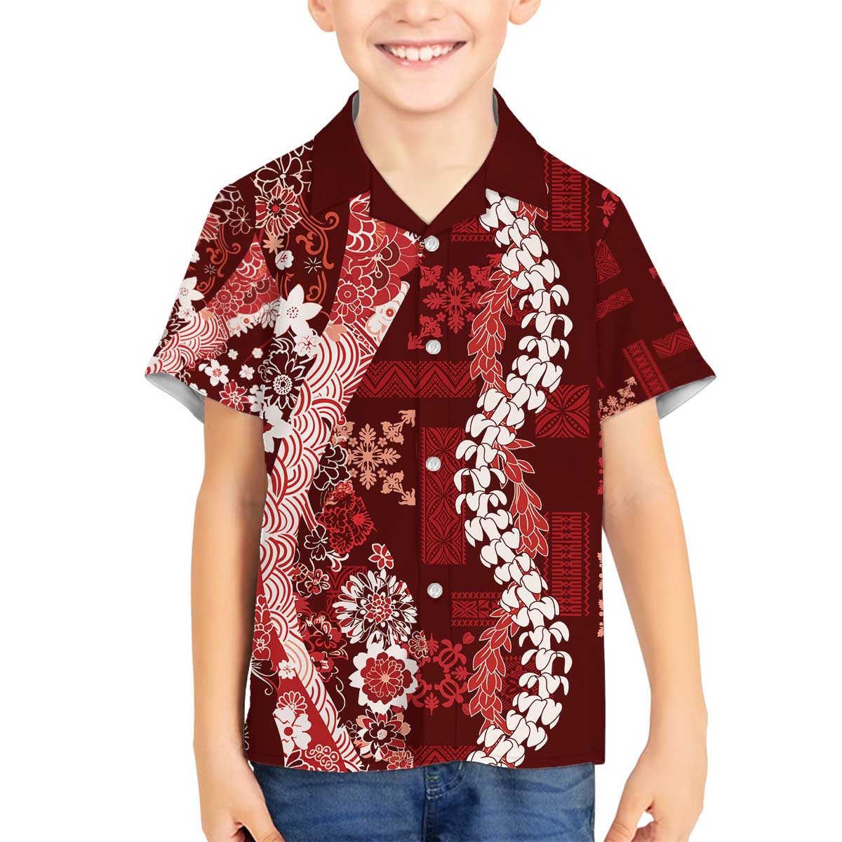 Hawaii Puakenikeni and Maile Lei Family Matching Off The Shoulder Long Sleeve Dress and Hawaiian Shirt Red Japanese Wave Style LT9 Son's Shirt Red - Polynesian Pride