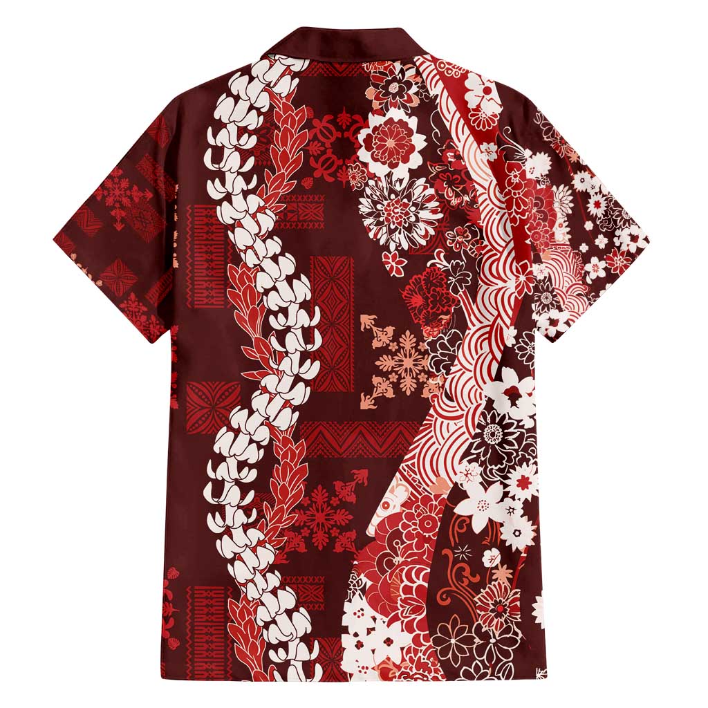 Hawaii Puakenikeni and Maile Lei Family Matching Off Shoulder Maxi Dress and Hawaiian Shirt Red Japanese Wave Style - Polynesian Pride