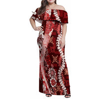 Hawaii Puakenikeni and Maile Lei Family Matching Off Shoulder Maxi Dress and Hawaiian Shirt Red Japanese Wave Style - Polynesian Pride